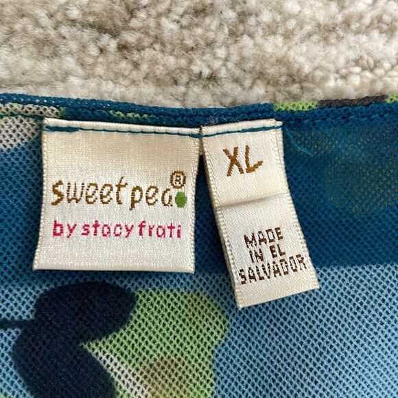 Sweet Pea Floral Double Mesh Tee Size XL Cap Sleeve Ruched Ruffle Deep V Neck - Picture 2 of 12